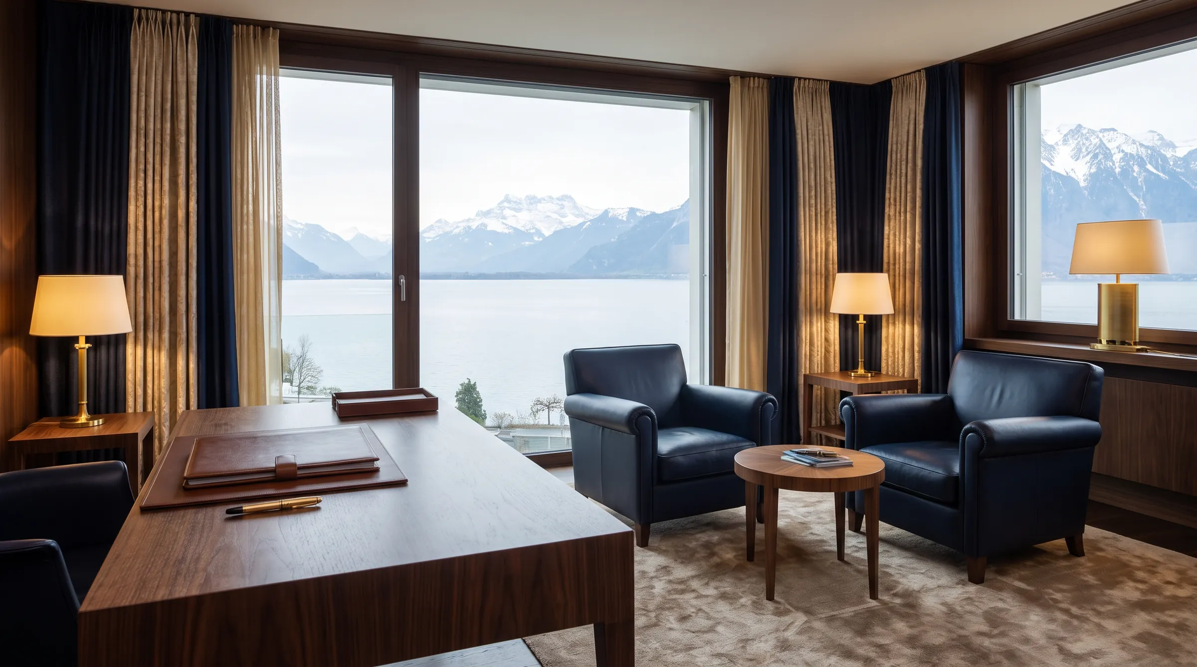 Discreet consultation room with a walnut desk, two leather armchairs and a view of the lake and the Alps