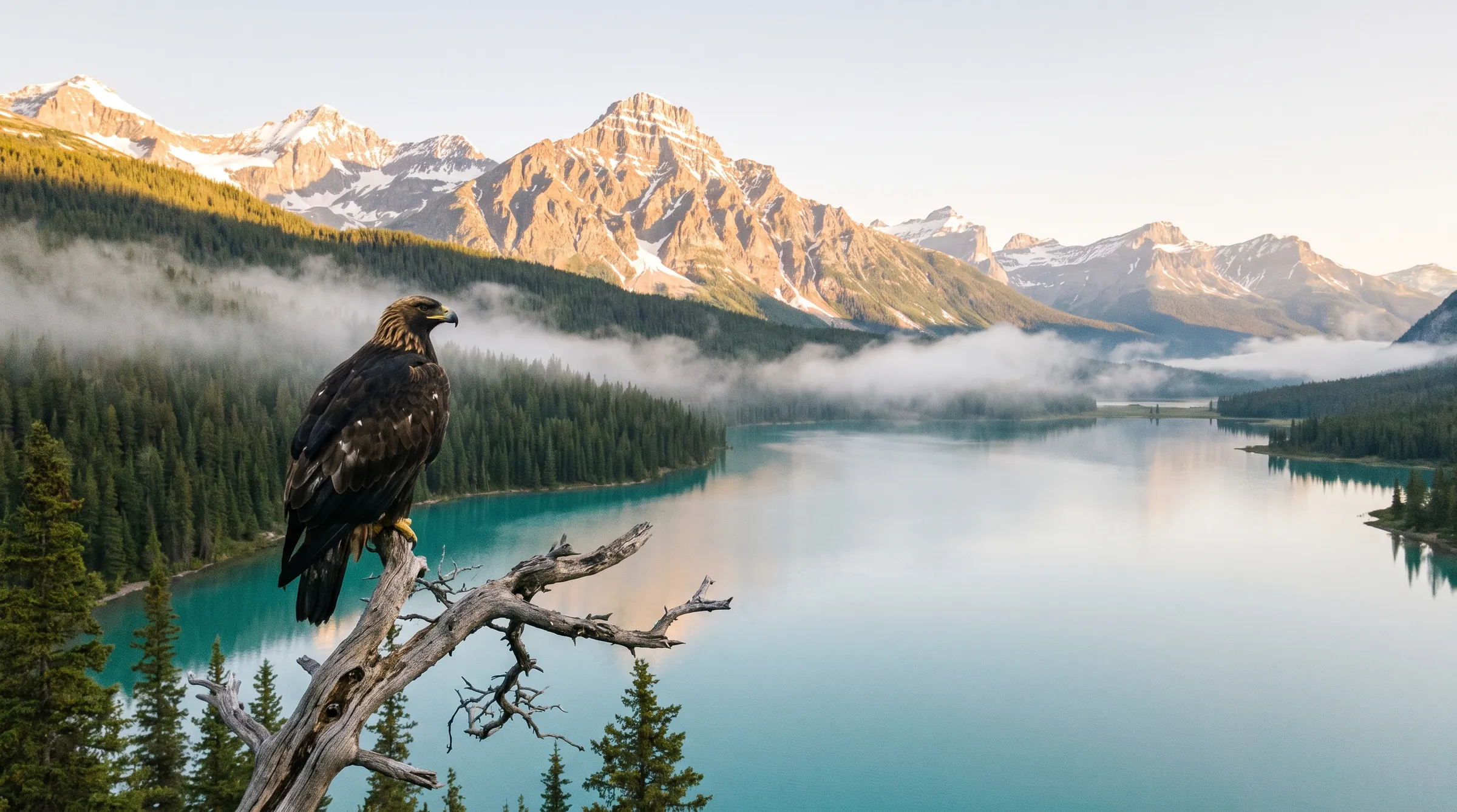 A golden eagle on a weathered branch above a turquoise mountain lake in the Canadian Rocky Mountains